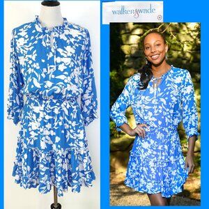 Walker and Wade Ibiza Romantic Floral Mini Dress In Cornflower Blue Sz M